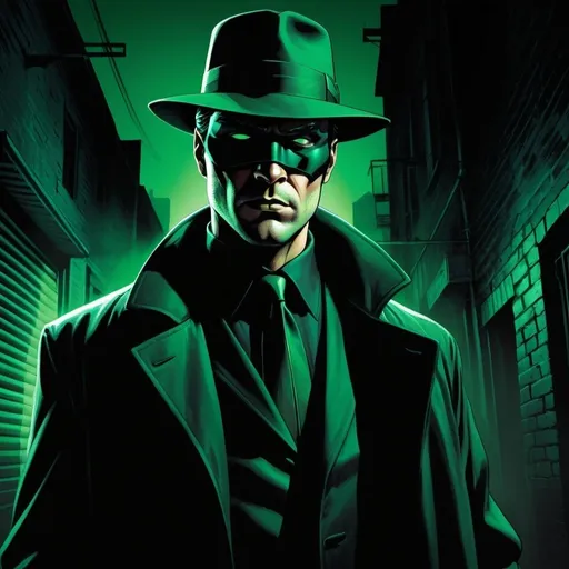Prompt: Green Hornet in noir comic style, vibrant green lighting, detailed face with mask and hat, long coat, tied over, hand gun, urban back alley, intense shadows, high contrast, comic book art, noir, detailed hat, noir style, dramatic lighting