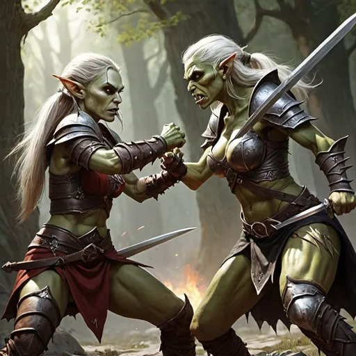 Prompt: Female elf sword fighting female orc