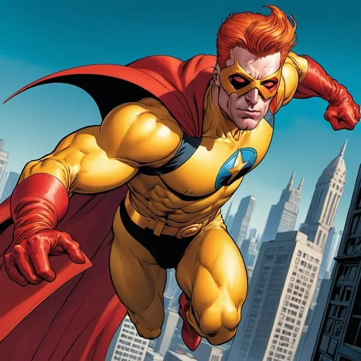 Prompt: Hyperion from Squadron Sinister hovering above the city, red hair, red eye mask, flowing red cape, yellow sleeveless outfit, urban setting, comic book style, vibrant colors, dramatic lighting, detailed muscles, superhero, powerful stance, high quality, comic book style, vibrant colors, dramatic lighting