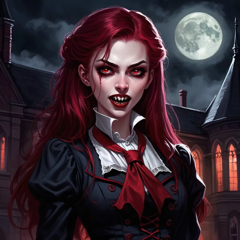 Prompt: Female vampire highschool girl baring fangs, digital painting, gothic school setting, moonlit night, intense gaze, flowing crimson hair, Victorian-inspired uniform, sharp fangs, eerie atmosphere, high quality, digital painting, gothic, moonlit, intense gaze, crimson hair, Victorian uniform, sharp fangs, eerie atmosphere