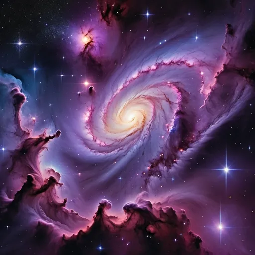 Prompt: (deep space galaxy), vibrant purple hues, swirling nebulae, bright stars twinkling, captivating celestial contrast, cosmic dust clouds, vast and mysterious expanse, surreal and awe-inspiring composition, depth and richness of colors, (ultra-detailed), a sense of boundless exploration and wonder.