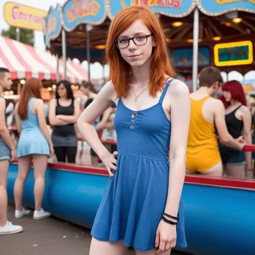 Prompt: 18+ flat chested redhead femboy with big nose wearing glasses and blue skimpy dress with and converse sneakers at amusement fair