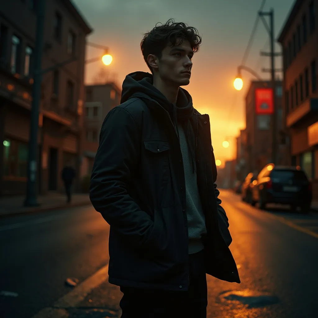 Prompt: A young man standing alone on a desolate street at dusk, shadows stretching behind him as dim, golden sunset light filters through broken streetlights. His expression is introspective and wistful, eyes gazing into the distance with a hint of nostalgia and longing. The chilly air hints at recent rain, with damp pavement reflecting faint city lights. A sense of solitude pervades the scene, emphasizing a lifetime of loneliness and reflection. Cinematic lighting, photorealistic style.