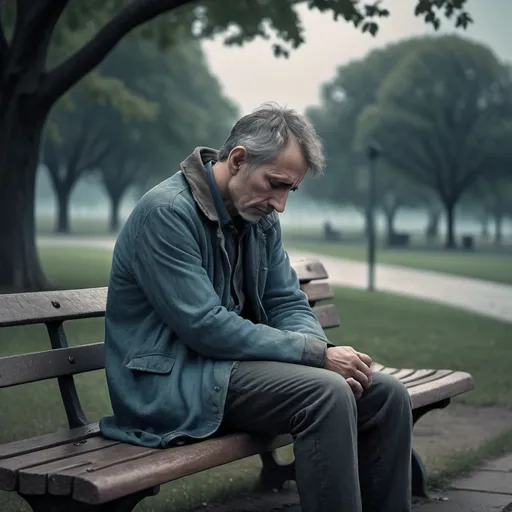 Prompt: Lonely man, (sorrowful expression), sitting on a weathered bench, deep in thought, wearing tattered clothes, surrounded by an empty park, (moody atmosphere), soft ambient lighting filtering through overcast skies, muted color palette of greys and blues, (highly detailed), capturing a sense of isolation and introspection, (4K).