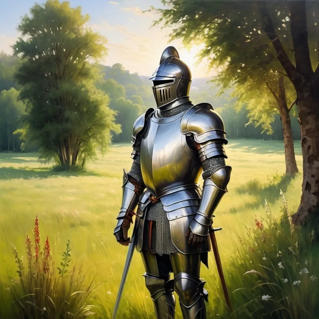 Prompt: Knight standing in a serene meadow, traditional oil painting, armor glinting in sunlight, lush greenery surrounding, serene atmosphere, high quality, traditional art style, warm tones, natural lighting