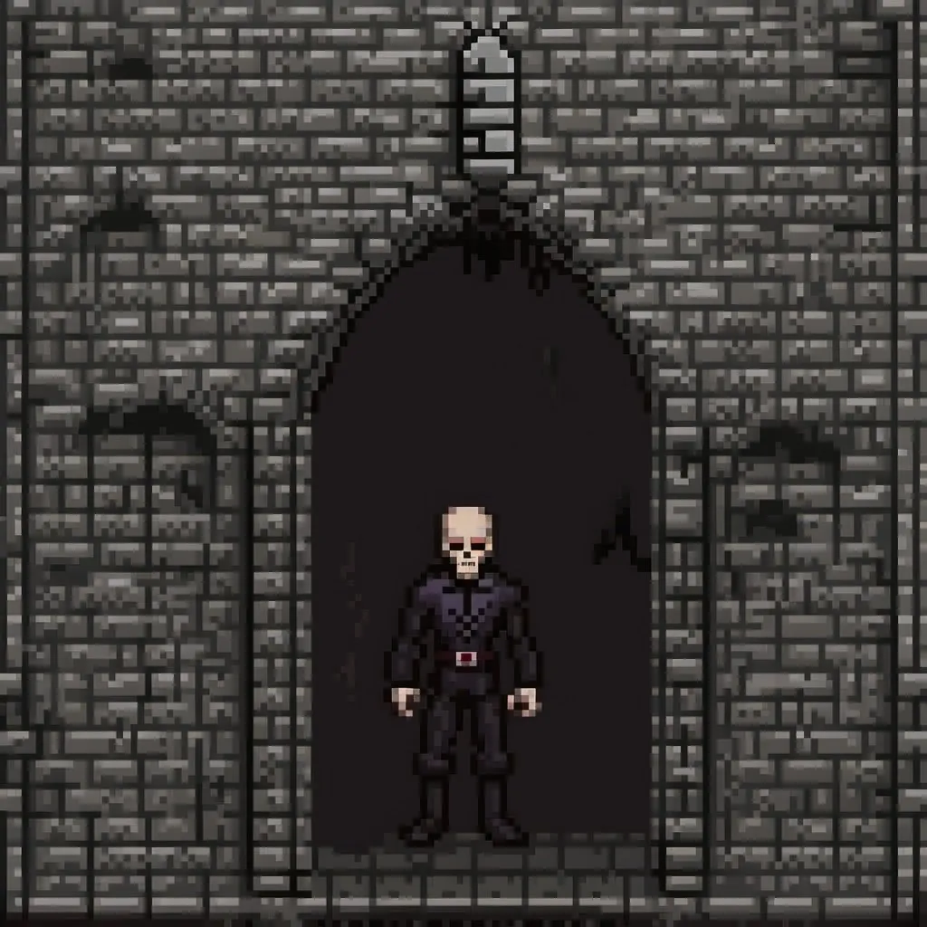 Prompt: Cenobite standing in a grey brick castle archway, gothic horror, detailed and eerie, high contrast, dark and sinister, atmospheric lighting, surreal, haunting presence, old and weathered, textured walls, ominous and foreboding, dark shadows, professional, highres, detailed, horror, gothic, sinister, eerie, surreal, atmospheric lighting, textured walls, haunting presence