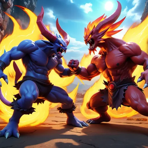 Prompt: (Demon fighting Pokemon), intense battle scene, dynamic poses, vibrant colors, dramatic lighting casting shadows, epic energy clashes, turbulent background depicting a fiery landscape, detailed character designs, immersive ambiance, high energy, fierce expressions, action-packed composition, 4K ultra-detailed, captivating and thrilling atmosphere.