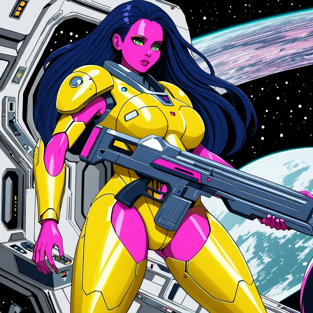 Prompt: Giant woman with dark blue hair hot pink skin green eyes wearing yellow body armour carrying futuristic gun aboard spacecraft 