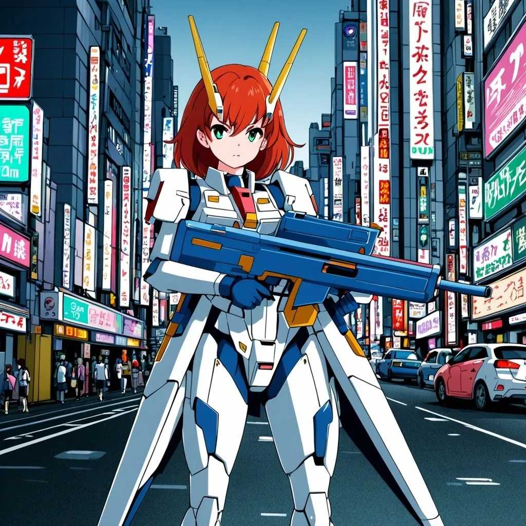 Prompt: Redhead femboy wearing Gundam suit holding futuristic rifle in futuristic Tokyo 