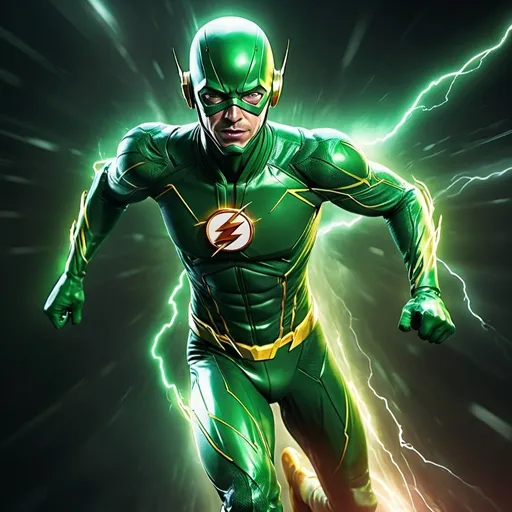 Prompt: The Flash in green suit running at hyper speed through dimensions, digital art, speed force lightning trails, cosmic energy effects, 4k, ultra-detailed, superhero, vibrant colors, dynamic composition, energetic lighting, multiverse, action-packed, hyper-realistic, dimensional travel