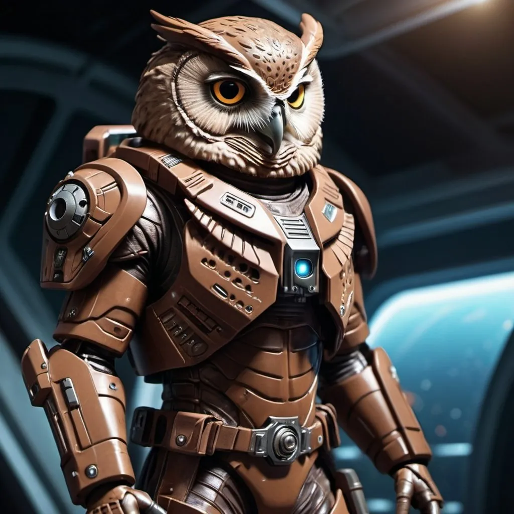 Prompt: Owl alien bounty hunter in space bridge setting, brown armor, laser pistol, futuristic sci-fi, detailed feathers, alien technology, high quality, professional, atmospheric lighting, cool tones