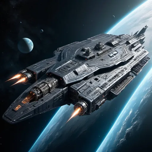 Prompt: Gigantic military space frigate floating through space, detailed metallic hull, massive scale, realistic sci-fi rendering, intense and dramatic lighting, high quality, space opera, futuristic, epic, detailed engine thrusters, intricate design, sleek and powerful, deep space, vast and empty surroundings, cool tones, atmospheric lighting