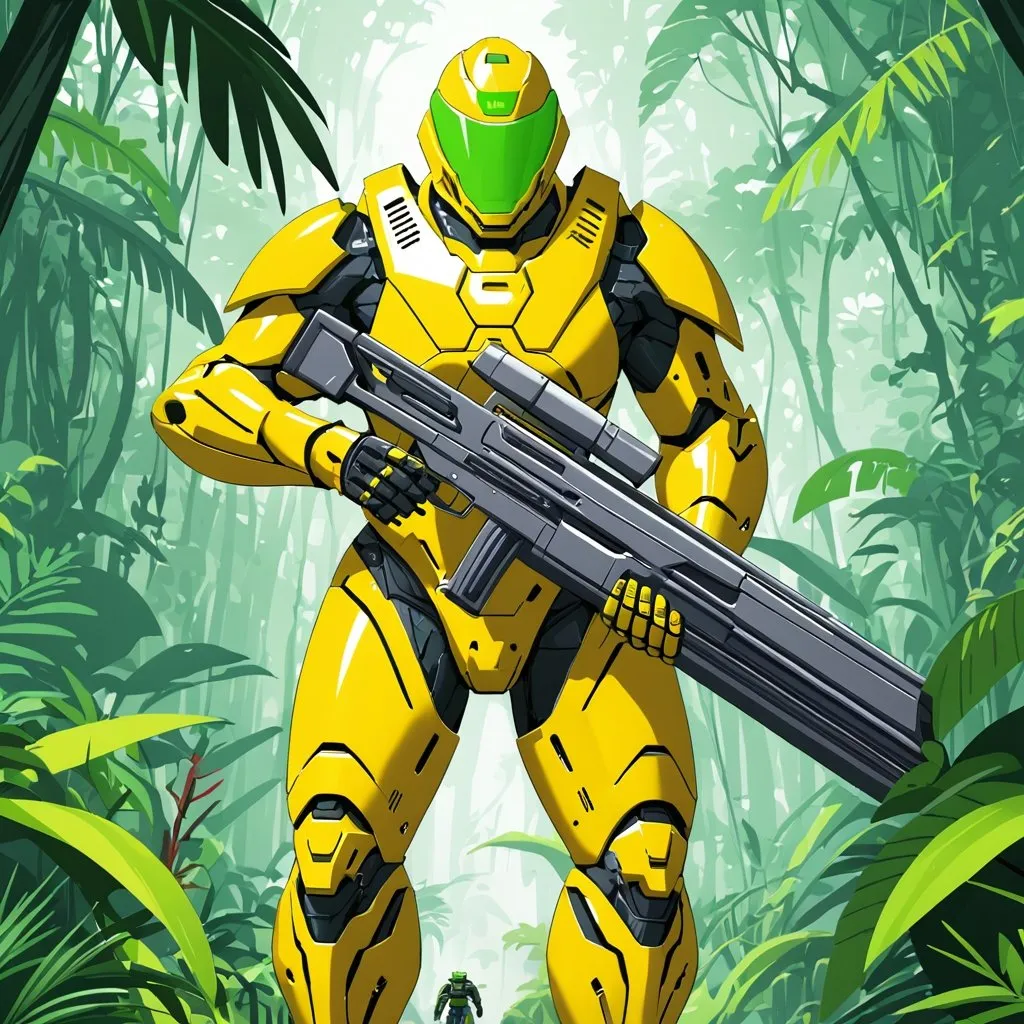 Prompt: Giant man in full yellow body armour wearing helmet with green visor carrying futuristic rifle in jungle 