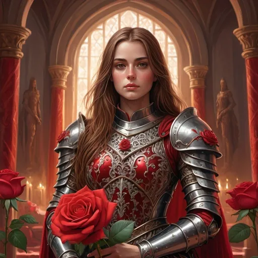 Prompt: Detailed illustration of a female knight with long brown hair and eyes, wearing intricately detailed red armor, holding a vibrant red rose, standing confidently in a grand throne room, highres, ultra-detailed, fantasy, royal, detailed armor, elegant, historical, warm lighting, regal atmosphere