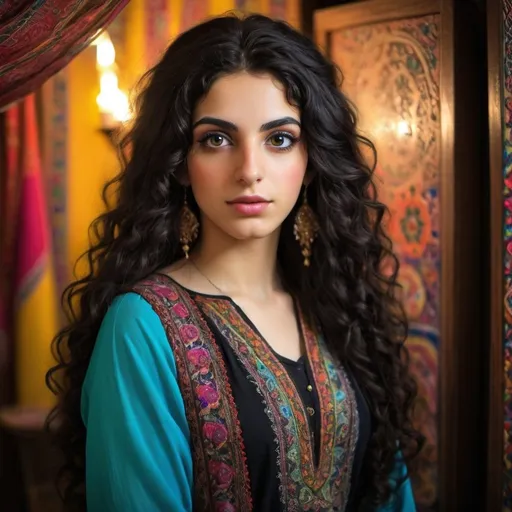 Prompt: Beautiful, young Persian transgender girl with long, curly black hair, traditional Iranian clothing, vibrant and authentic atmosphere, high quality, realistic, colorful, vivid, Persian, transgender, long curly hair, traditional clothing, vibrant atmosphere, authentic, detailed eyes, atmospheric lighting