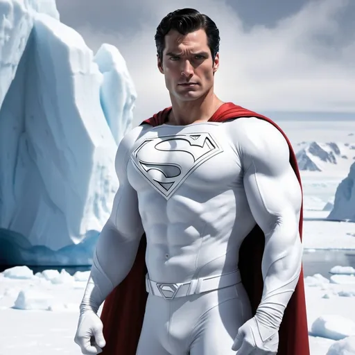 Prompt: Superman in all-white outfit in Antarctica, icy landscape, superhero, detailed muscles, snowy terrain, high quality, realistic, comic book style, bright white tones, dramatic lighting, superhero stance, snowy cape, detailed facial features, cold and serene atmosphere