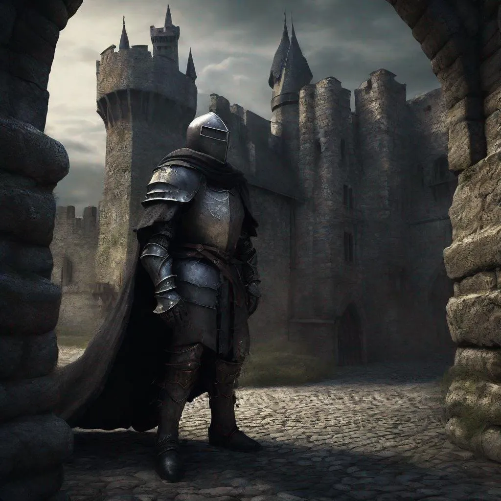 Prompt: Knight in black armor, desolate medieval city, high quality, detailed, realistic, dark fantasy, worn cobblestone streets, imposing castle in the background, eerie atmosphere, dramatic lighting, moody shadows, detailed armor, tattered cloak, ancient stone buildings, gritty texture, somber color tones, professional rendering