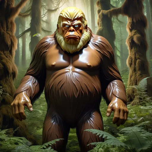 Prompt: (Sasquatch with Donald Trump's face), (humorous), playful creature standing in a dense, enchanted forest, rich greens and browns enveloping the scene, whimsical lighting filtering through the foliage, exaggerated facial features showcasing Trump's iconic expression, textured fur capturing light to enhance the fantastical atmosphere, captivating eccentricity present in this surreal mashup, (ultra-detailed), whimsical ambiance evoking laughter and curiosity.