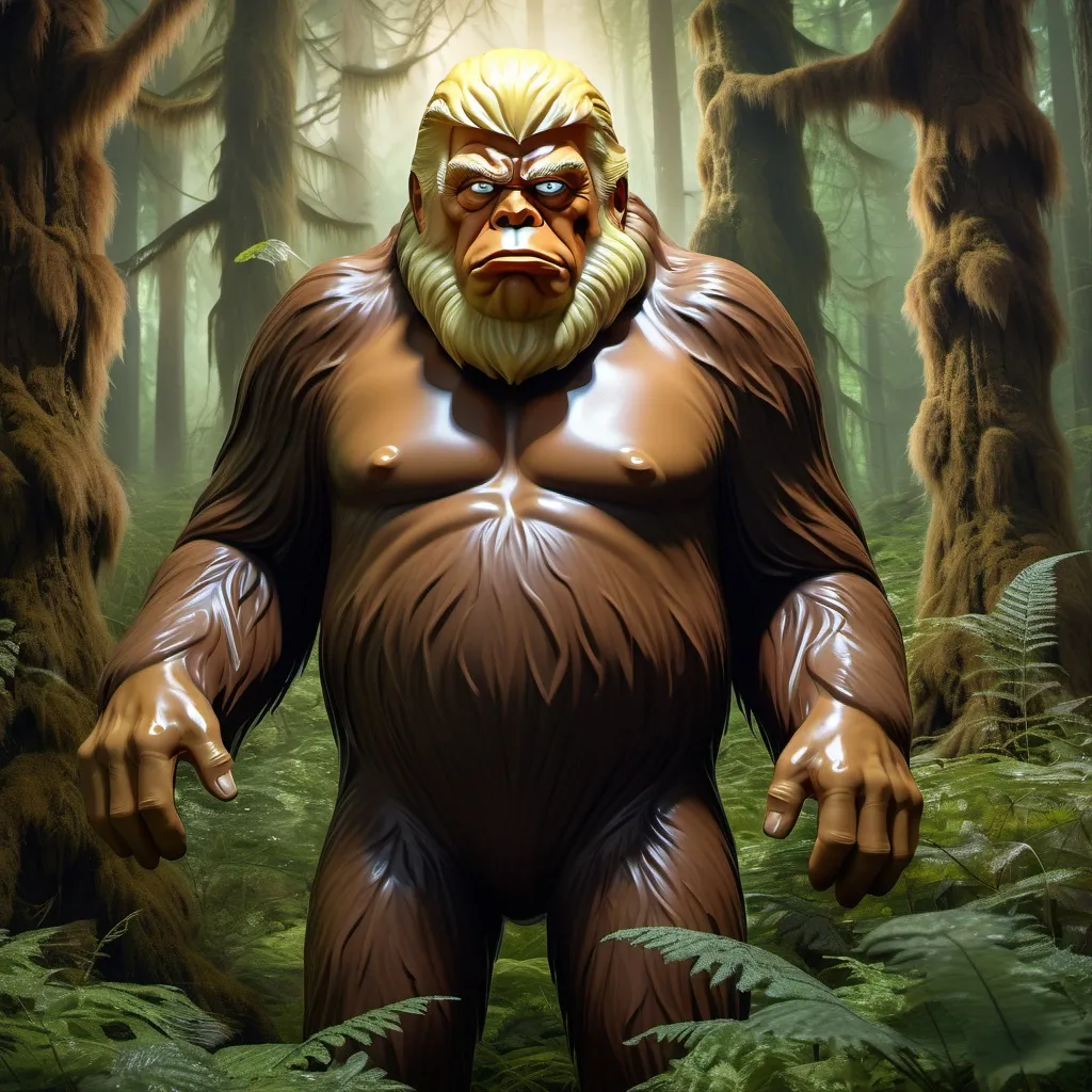 Prompt: (Sasquatch with Donald Trump's face), (humorous), playful creature standing in a dense, enchanted forest, rich greens and browns enveloping the scene, whimsical lighting filtering through the foliage, exaggerated facial features showcasing Trump's iconic expression, textured fur capturing light to enhance the fantastical atmosphere, captivating eccentricity present in this surreal mashup, (ultra-detailed), whimsical ambiance evoking laughter and curiosity.