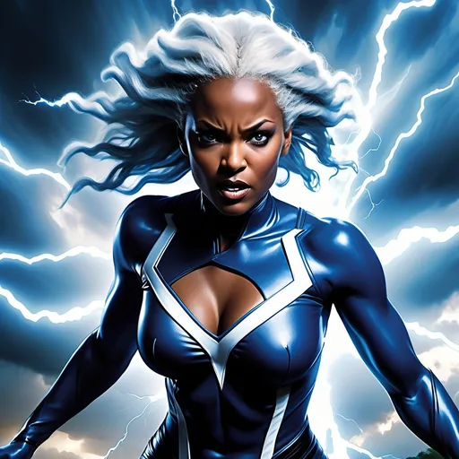 Prompt: Storm from X-Men flying through a dramatic lightning storm, (dynamic action pose), swirling dark clouds around her, vibrant flashes of blue and white lightning illuminating her figure, intense energy radiating, powerful sense of movement, (superhero) style, high contrast with shadows, atmosphere of excitement and empowerment, highly detailed background with ominous storm elements, ultrahigh-definition, cinematic lighting techniques.