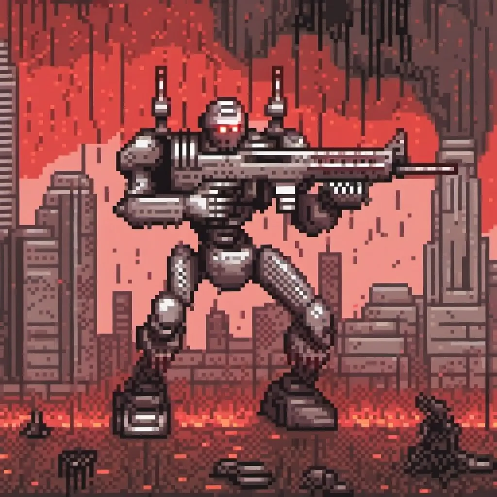 Prompt: Evil war machine robot firing machine guns on battlefield, metallic 3D rendering, destructed cityscape in the background, high-contrast lighting, menacing red and black color tones, raining sparks, high quality, futuristic, intense action, detailed mechanical parts, war-torn environment, powerful and aggressive