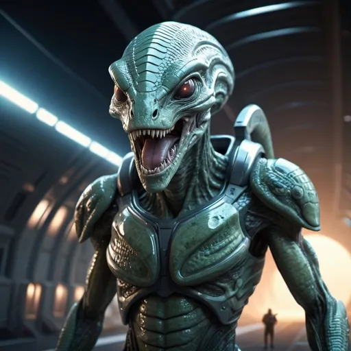 Prompt: Reptilian alien soldier with wide-open mouth, carrying spear, standing at space port, high-quality, detailed 3D rendering, sci-fi, intense lighting, alien skin texture, futuristic spaceport environment, reptilian features, professional, otherworldly atmosphere