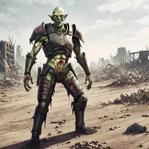 Prompt: Giant zombie elf wearing body armour staggering in wasteland 