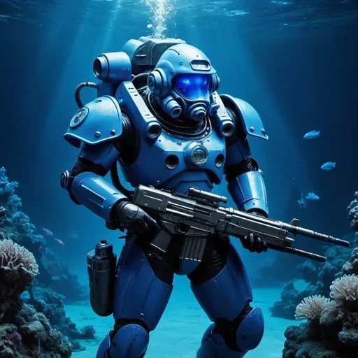 Prompt: Underwater diver in high-tech blue Zaku suit, carrying futuristic rifle, deep ocean setting, bioluminescent sea creatures, high-tech underwater gear, sci-fi, cool tones, detailed armor, sleek design, professional, atmospheric lighting, underwater, futuristic, highres, ultra-detailed
