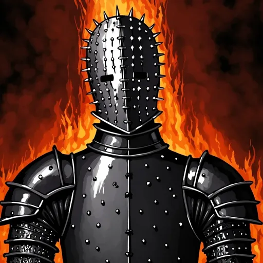 Prompt: Pinhead in black suit of armour in Hell