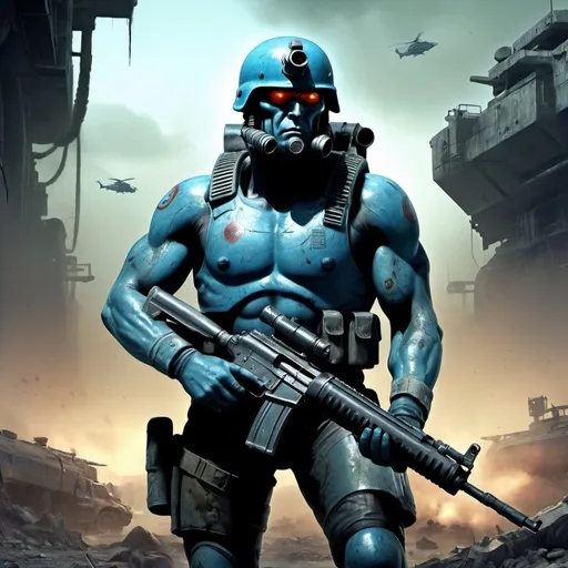 Prompt: Rugged and battle-worn depiction of Rogue Trooper, gritty and industrial setting, futuristic warfare, heavy combat armor, intense and focused gaze, detailed facial scars, high-tech weapons, smoky and gritty atmosphere, high-quality, detailed digital art, dystopian, intense battle scene, war-torn landscape, futuristic weaponry, intense lighting