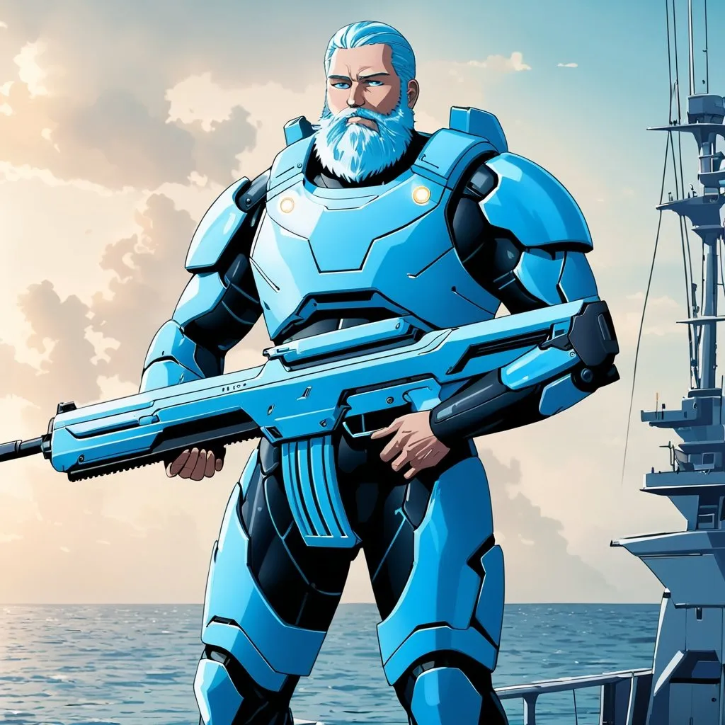 Prompt: Giant man with long light blue hair and beard wearing light blue body armour carrying futuristic rifle in nautical setting 