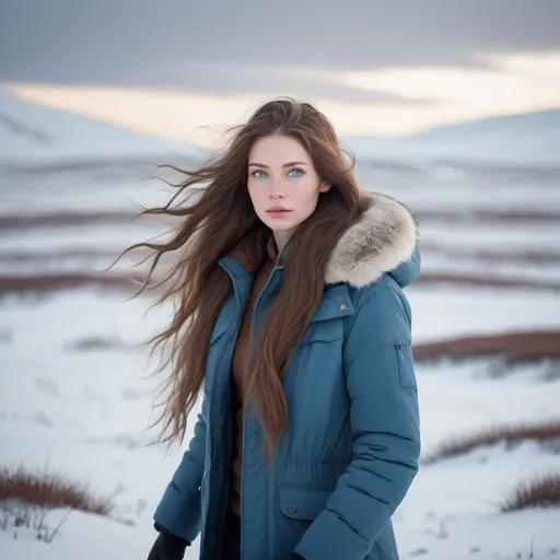 Prompt: Tall woman with long brown hair and blue eyes, winter clothing, walking on tundra, high-res, realistic style, cool tones, snowy landscape, detailed hair and eyes, serene atmosphere, pale skin, natural lighting