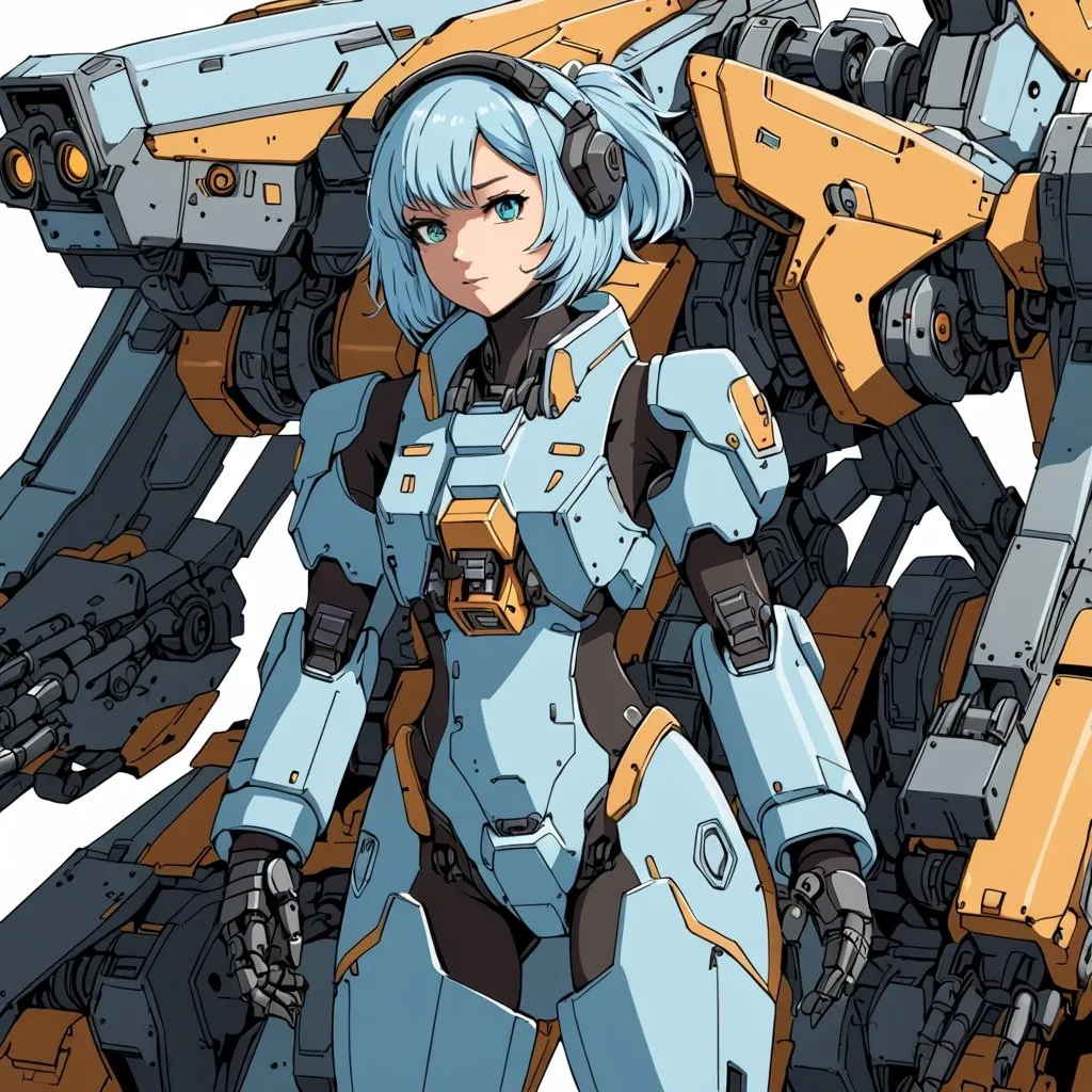 Prompt: Female mech pilot with light blue hair operating mech