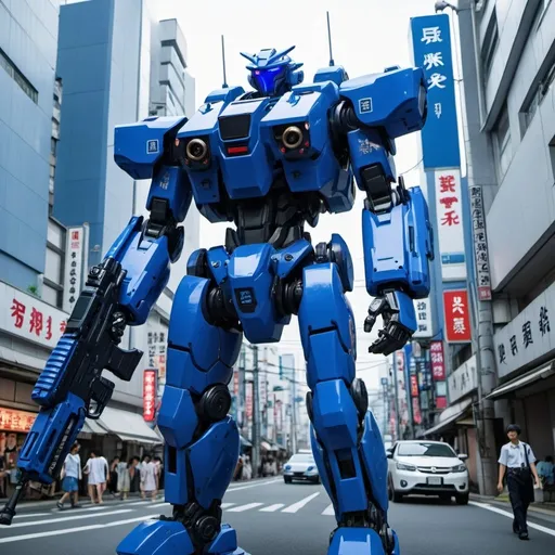 Prompt: Blue police mecha carrying shotgun in futuristic Tokyo 