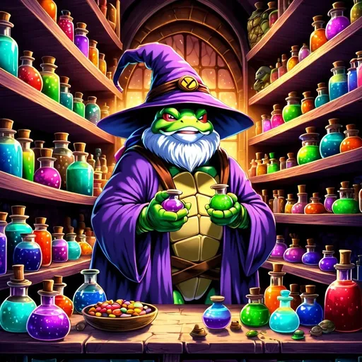 Prompt: Teenage Mutant Ninja Turtle with a white beard wearing a pointy wizard hat and robe, surrounded by shelves of colorful potions and magical ingredients, high quality, fantasy illustration, vibrant and magical color tones, mystical lighting, detailed shell and facial features, wizardry, potion store, whimsical, aged turtle, fantasy, colorful, vibrant lighting
