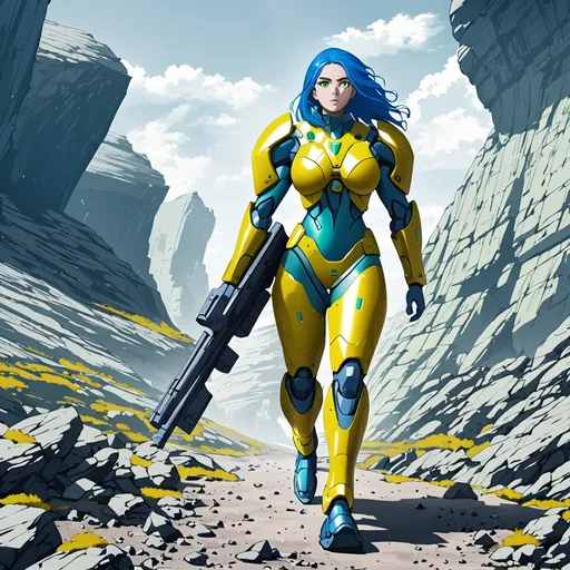 Prompt: Giant woman blue hair green eyes yellow body armour carrying futuristic rifle walking through rocky area 