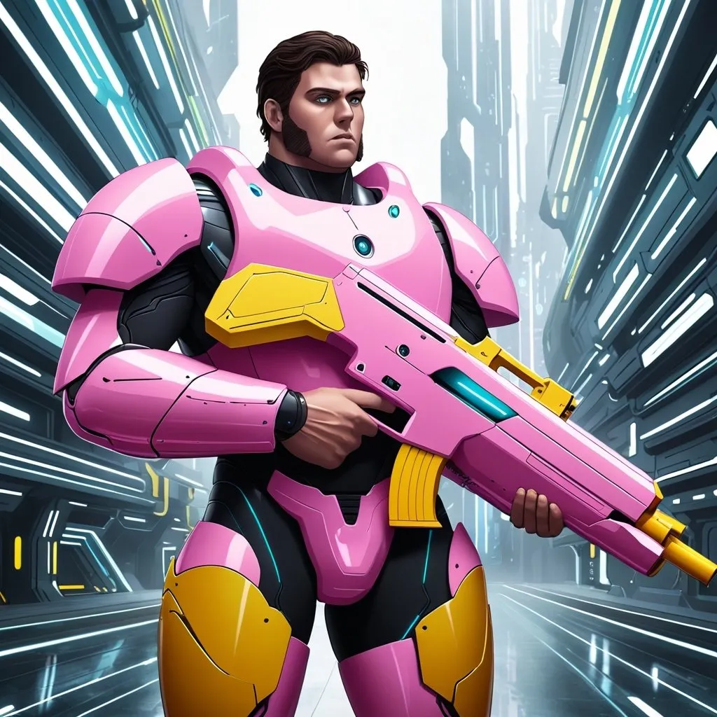Prompt: Giant brunette man with white eyes wearing pink body armour carrying futuristic yellow gun in futuristic setting 