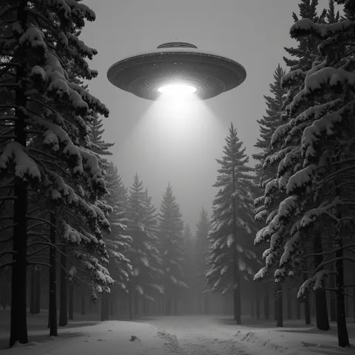 Prompt: A haunting black and white image captures a mysterious UFO hovering silently above a dense pine forest, where the heavy snow falls like ethereal confetti. The twisted silhouettes of snow-laden pine trees reach upward, their branches heavy and burdened under the weight of the blizzard. Flurries dance in the air, painted with soft tones of gray and white as they swirl around the otherworldly craft, which emits a faint, pulsating luminescence contrasting sharply against the starkness of the night sky. Wisps of fog coil around the trunks, creating an eerie ambiance, while the fine details of the snowflakes casting shadows on the ground add tension and depth. The scene, reminiscent of cinematic black and white photography, evokes a mix of wonder and trepidation, capturing the uncanny juxtaposition of nature and the unknown.