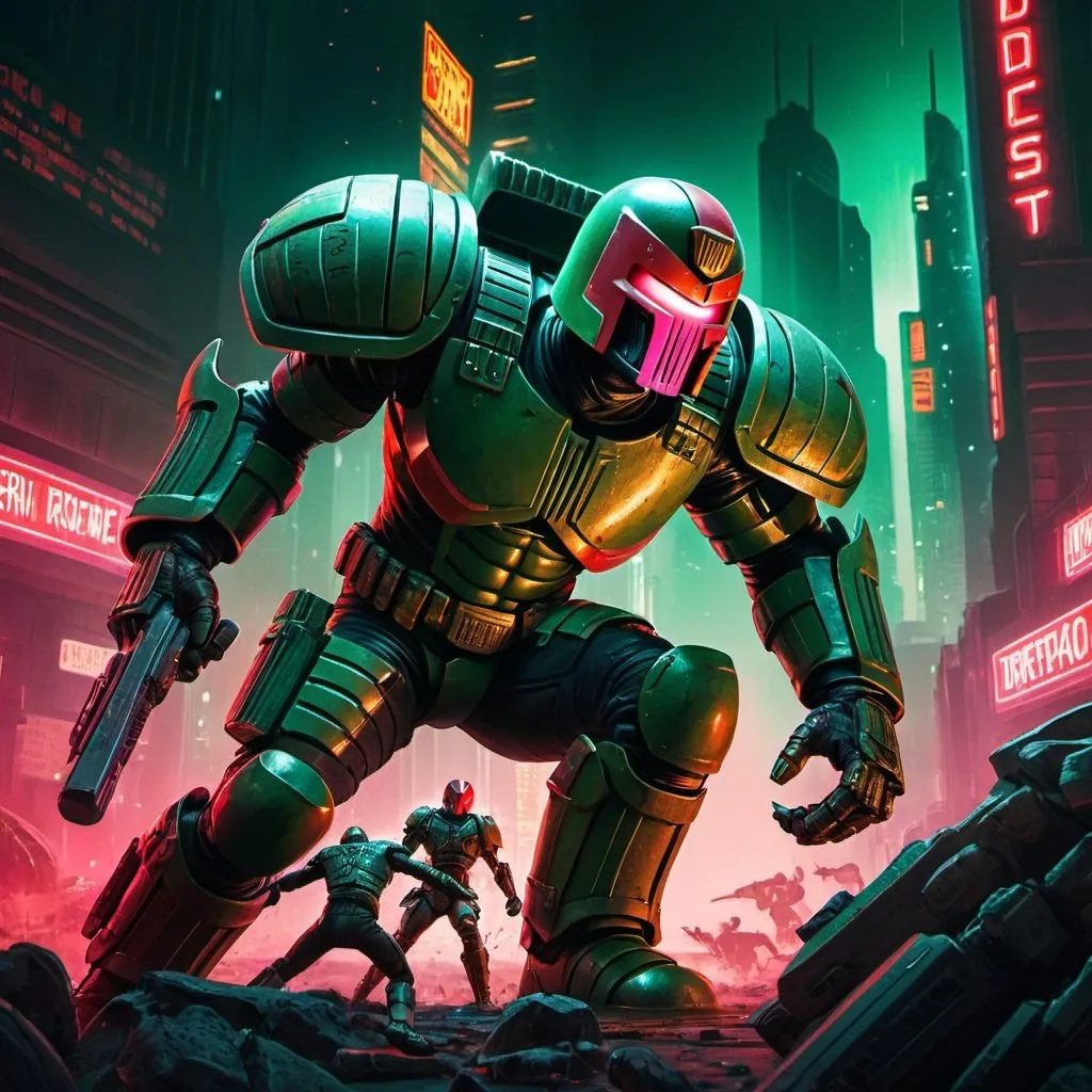 Prompt: Futuristic-retro futurism illustration of Judge Dredd battling Predator, gritty and detailed, highres, cybernetic implants, iconic armor, intense combat, retro-futuristic weapons, neon-lit cityscape, ominous red and green tones, atmospheric lighting, action-packed, intense gaze, dramatic perspective, professional, epic battle, detailed textures, sci-fi, cyberpunk, retro-futurism, intense combat, iconic armor, neon-lit cityscape, atmospheric lighting