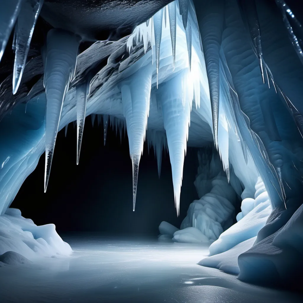 Prompt: ice cave, (frozen chambers), shimmering icicles, soft blue and white hues, (ethereal glow), crystalline formations, mysterious shadows, cool atmospheric lighting, depth of field, high quality, (HD), tranquil yet mesmerizing ambiance, expansive ice walls, subtle reflections on ice surfaces, serene yet haunting environment, (4K resolution), breathtaking natural beauty.