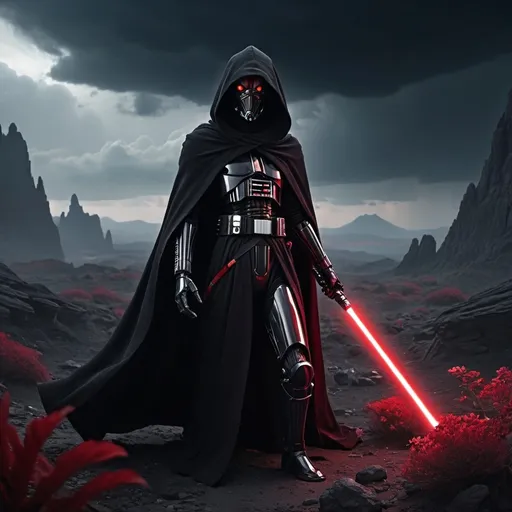 Prompt: (Sith Lord droid) with glowing red eyes, (dressed in black hood and cape), (holding a red lightsaber), dark rocky terrain, ominous skies with swirling clouds, scattered alien flora, intense atmosphere, strong contrasts of light and shadow, (dynamic composition), feeling of hostility and danger, (ultra-detailed), cinematic quality, (4K).