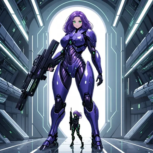 Prompt: Giant woman with purple hair and green eyes wearing dark blue body armour carrying futuristic rifle in futuristic military base