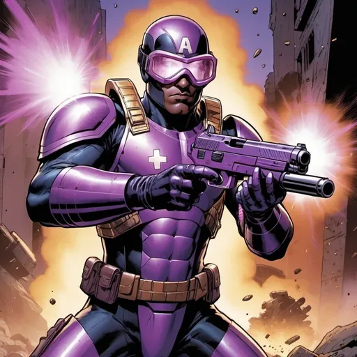 Prompt: Paladin from Marvel Comics in purple body armor, firing pistol in war zone, with goggles, high quality, detailed, comic style, war zone setting, intense action, vibrant colors, atmospheric lighting