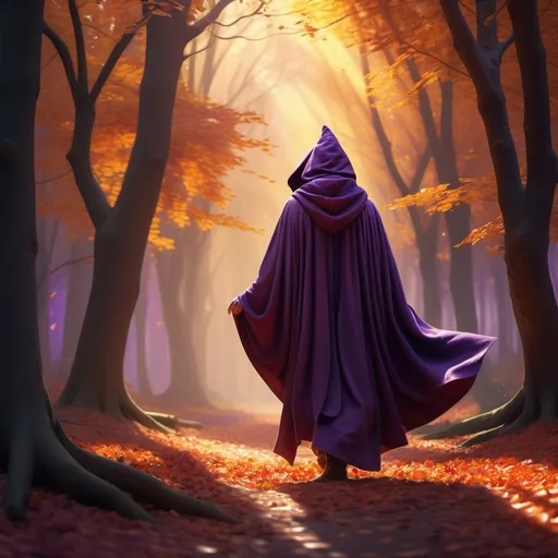 Prompt: (Magic wizard in a purple pointed hood), (robe flowing) in an enchanting autumn forest, vibrant falling leaves in hues of orange, yellow, and deep red, warm sunlight filtering through trees, ethereal and mystical ambiance, shadows dancing on the ground, atmospheric depth, richly detailed textures, high-quality 4K resolution, serene yet magical mood, inviting viewers into a mystical world.