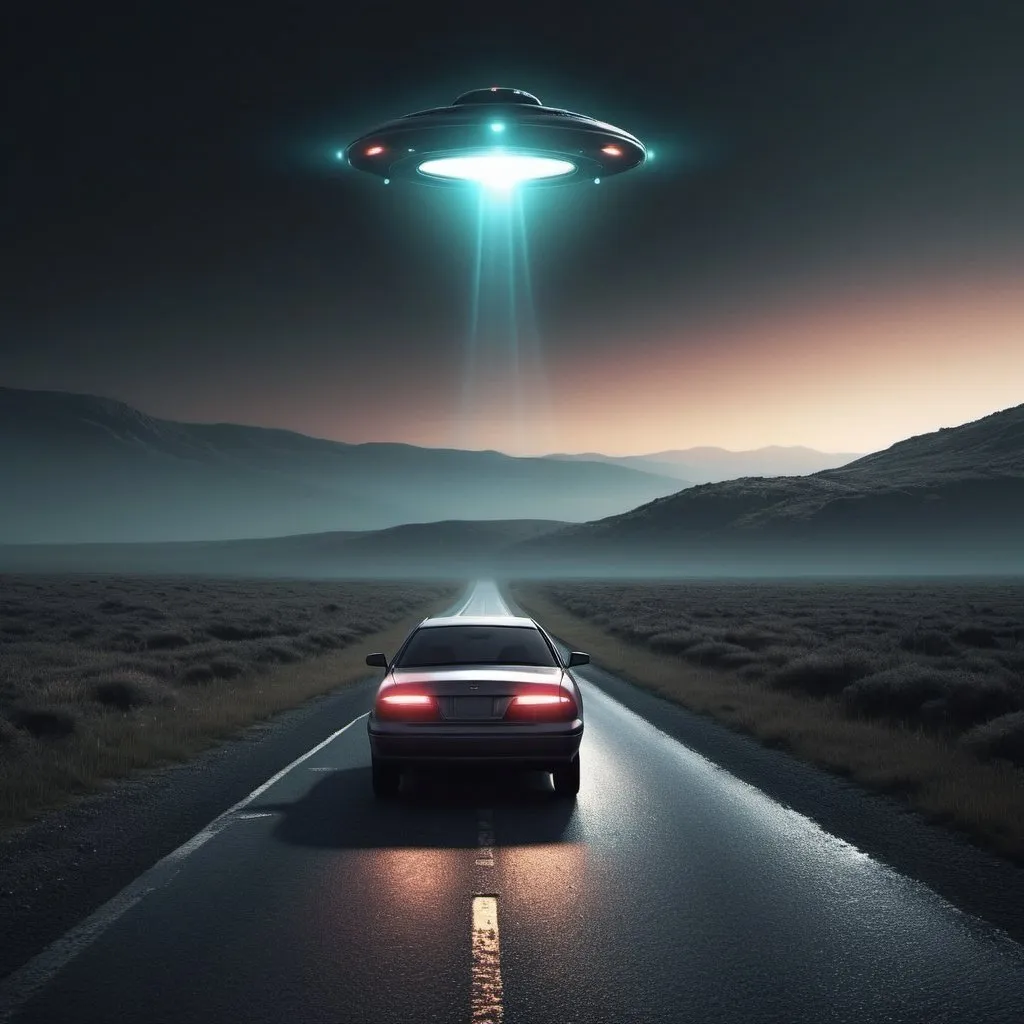 Prompt: Lonely road scene with a parked car, hovering UFO casting a mysterious glow, eerie atmosphere, high quality, detailed rendering, sci-fi, surreal, dark tones, solitary car, hovering UFO, mysterious glow, detailed landscape, atmospheric lighting