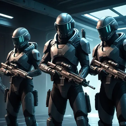 Prompt: Space bounty hunters with giant rifles, faceless, futuristic sci-fi setting, high-tech weaponry, detailed suits, intense and mysterious aura, professional, cool tones, atmospheric lighting, digital painting, 4k, ultra-detailed, sci-fi, futuristic, faceless, giant rifles, high-tech, detailed suits, intense, mysterious, professional, cool tones, atmospheric lighting