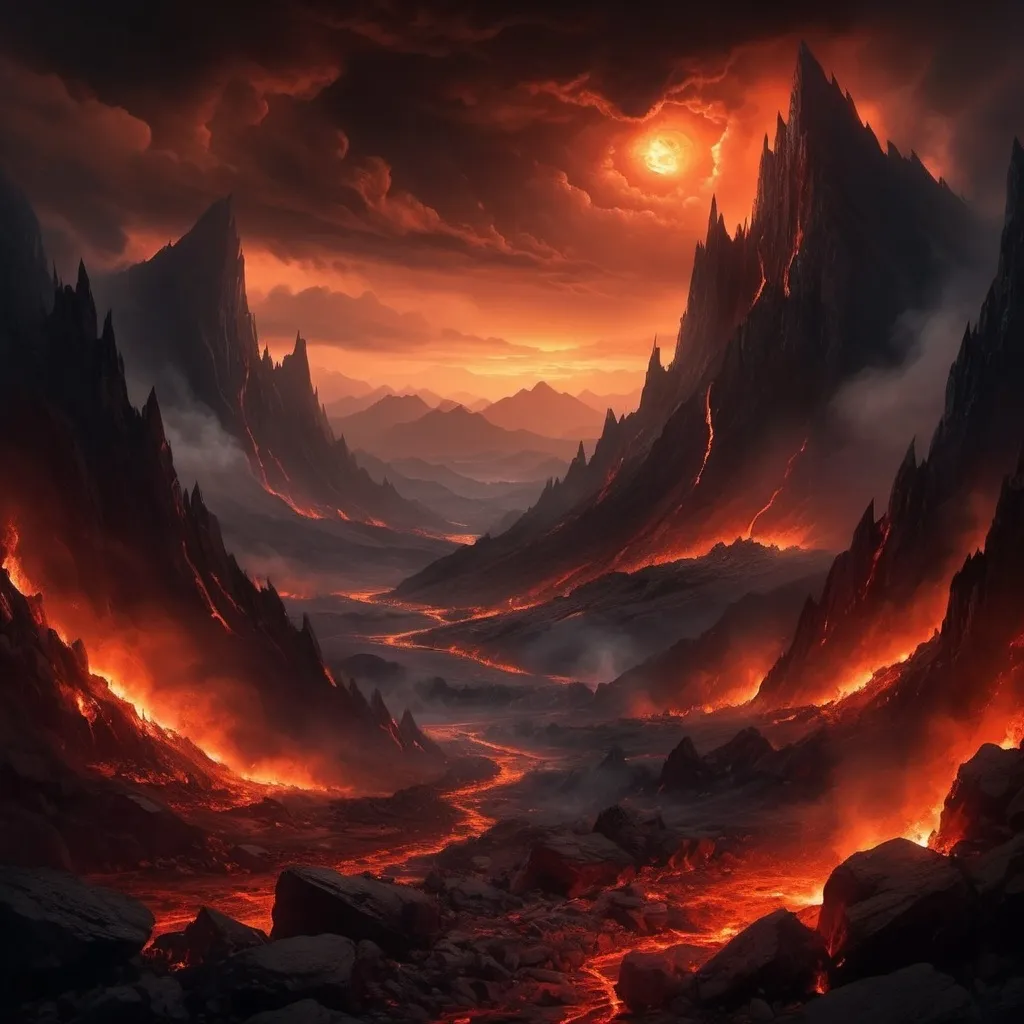 Prompt: (Theme: Hell), ominous atmosphere, swirling dark red and fiery orange hues, dramatic lighting, dark and shadowy landscape, menacing mountains in the background, jagged rocks and flame, a nightmarish sky filled with smoke, sinister clouds, high detail, ultra-detailed 4K quality, evokes fear and unease, underworld as the central focus.