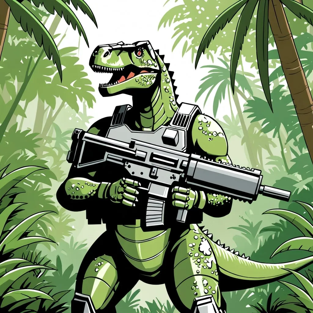 Prompt: Dinosaur commando wearing body armour carrying heavy machine gun in jungle 