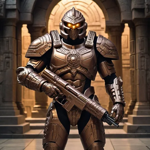 Prompt: Optikk from MOTU in full bronze body armor, futuristic gun, stone temple setting, highres, ultra-detailed, sci-fi, bronze tones, ancient, stone temple, detailed armor, futuristic weapon, intense and focused gaze, professional, atmospheric lighting