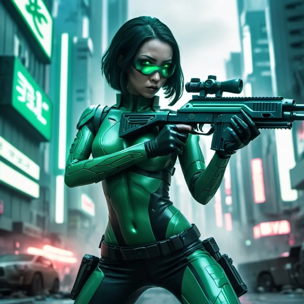 Prompt: Madame Hydra firing submachine gun, futuristic Tokyo setting, detailed futuristic cityscape, high-tech weaponry, intense and focused gaze, cyberpunk, sleek design, professional, cool tones, urban, sci-fi, detailed eyes, best quality, highres, ultra-detailed, cybernetic enhancements, atmospheric lighting